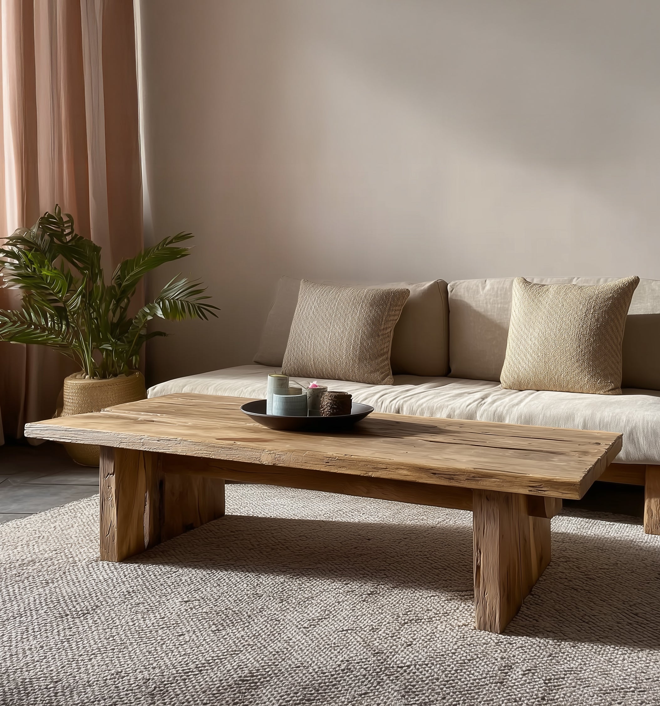 Rustic Handmade Wooden Coffee Table – Live Edge Solid Wood Trestle Farmhouse Rectangular End Table