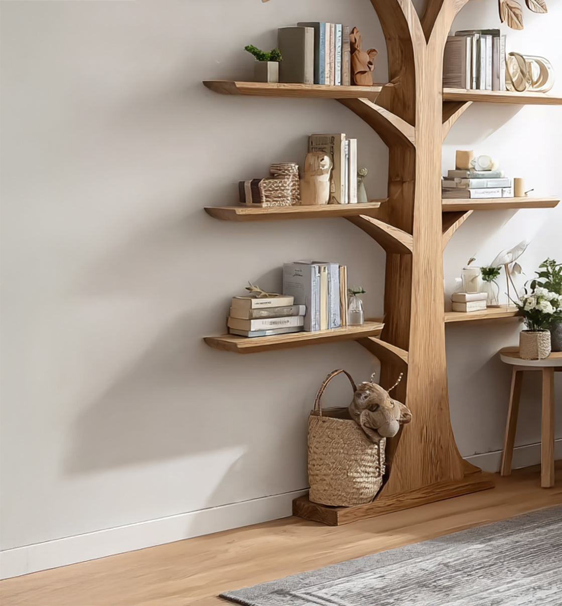 Rustic Wooden Tree Bookshelf: Wall-Mounted Bookcase, Natural Wood Furniture