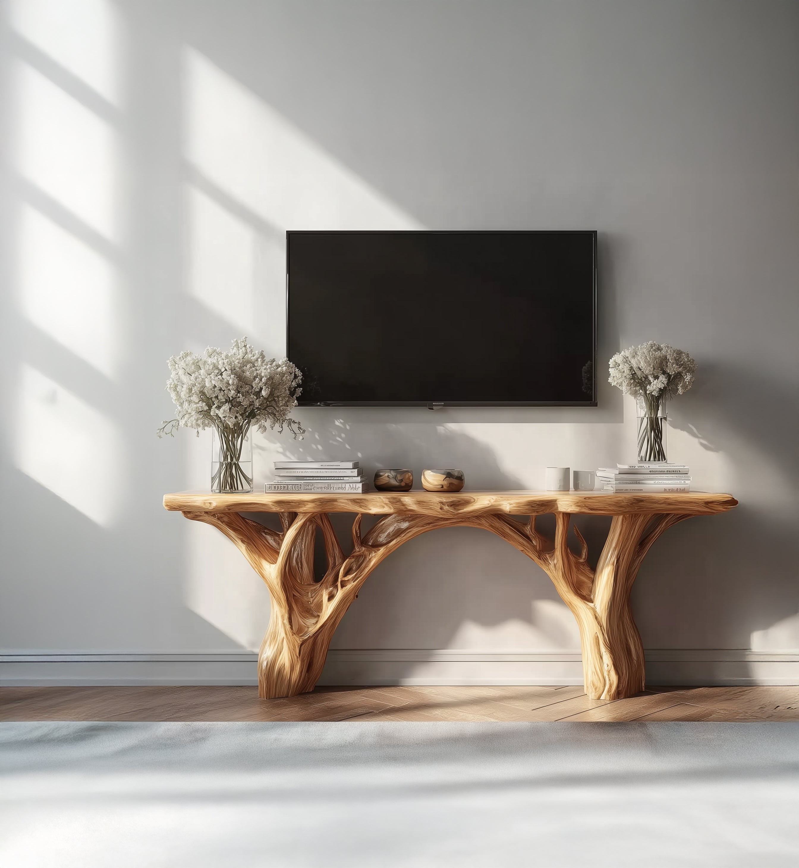 Custom Live Edge TV Stand – Solid Wood Tree Shelf Media Console, Rustic Handmade Cabinet & Bookshelf