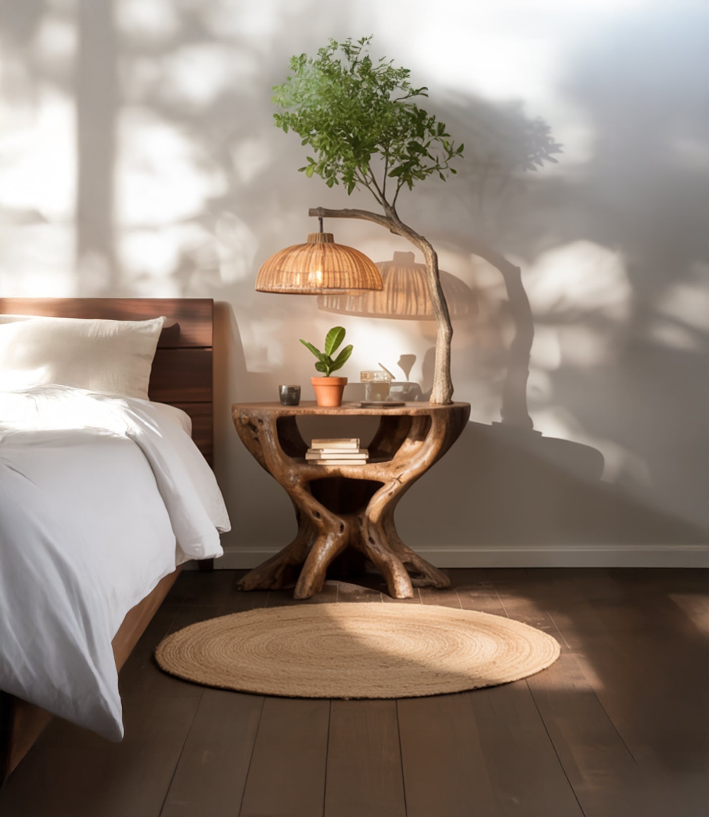 Handmade Wooden Side Table with Integrated Tree Lamp – Rustic Nightstand Lighting Decor