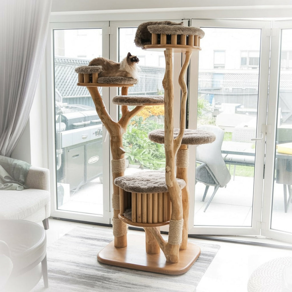 Luxury Wooden Cat Tree Tower – Modern Multi-Level Cat Condo with Scratching Posts