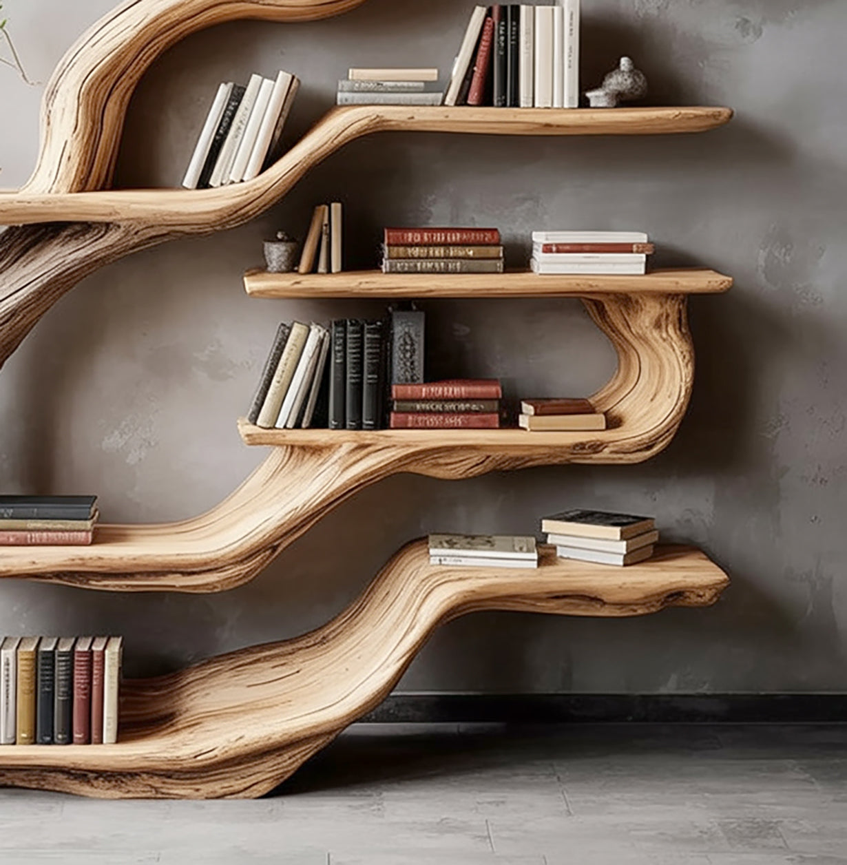 Handcrafted Live Edge Wooden Bookshelf – Artistic Tree Branch Design for Home or Office