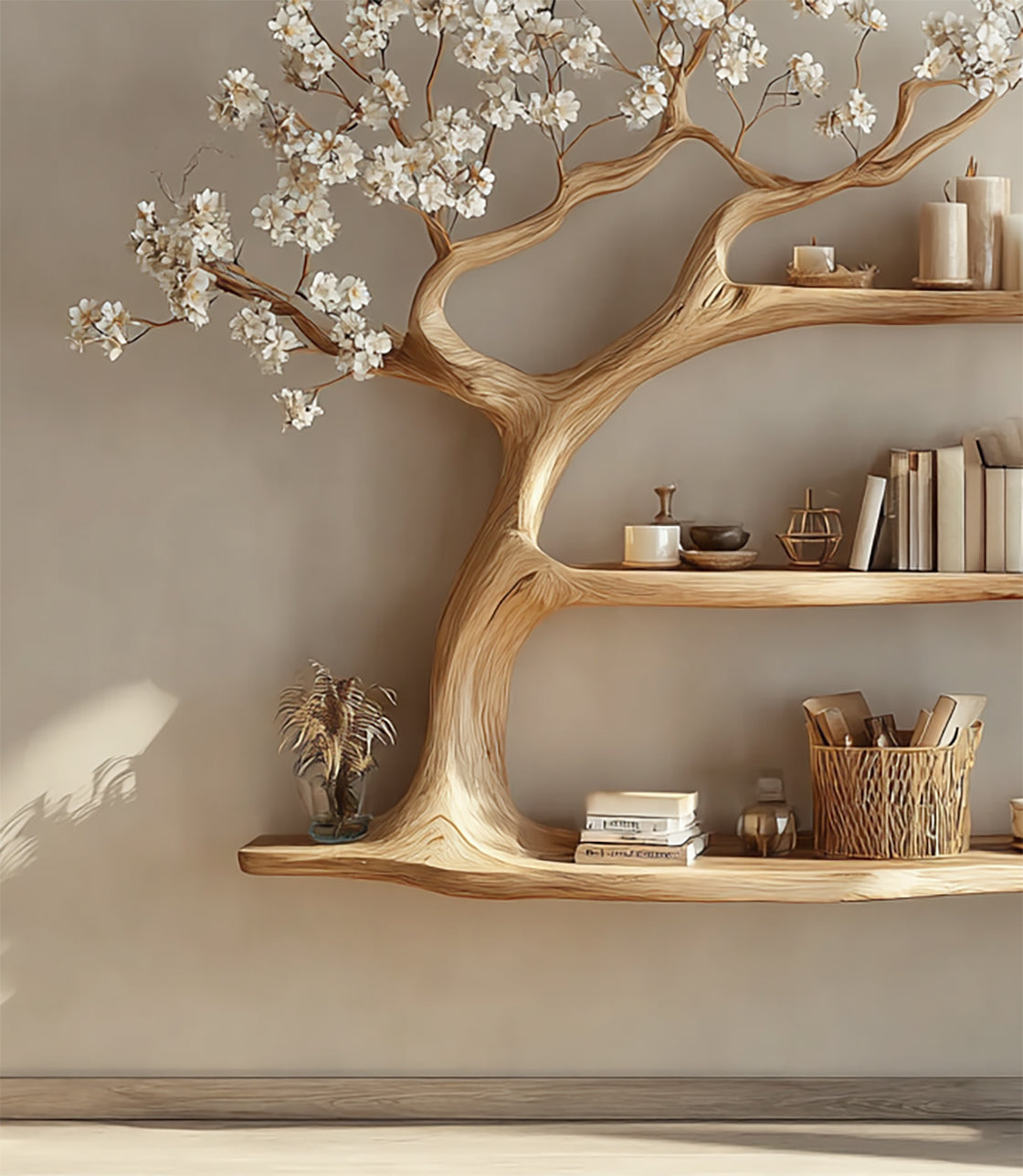 Rustic Wooden Bookcase – Handmade Tree Bookshelf, Unique Home Decor Gift