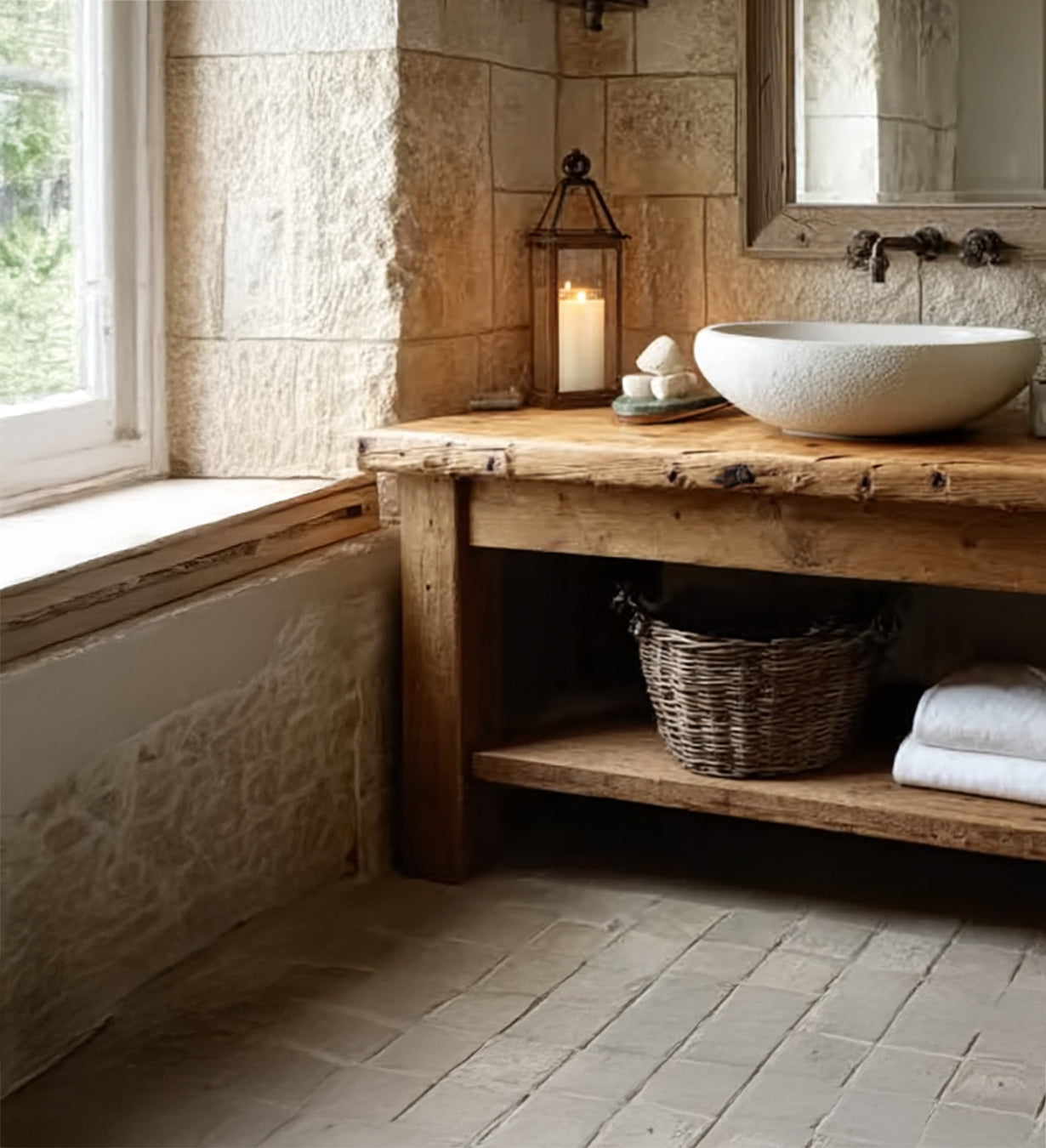 Rustic Wooden Bathroom Vanity – Handmade Farmhouse Sink Table with Live Edge Shelf
