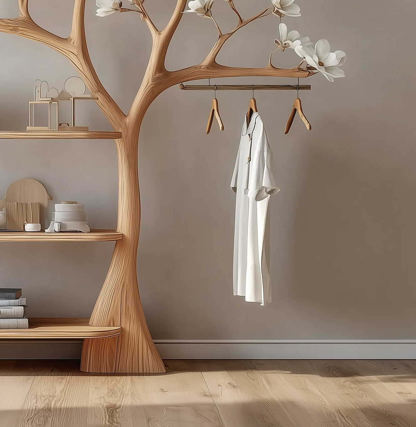 Rustic Tree Coat Rack – Wall Mounted Wooden Hanger with Floating Shelves, Vintage Tree Branch Shelf