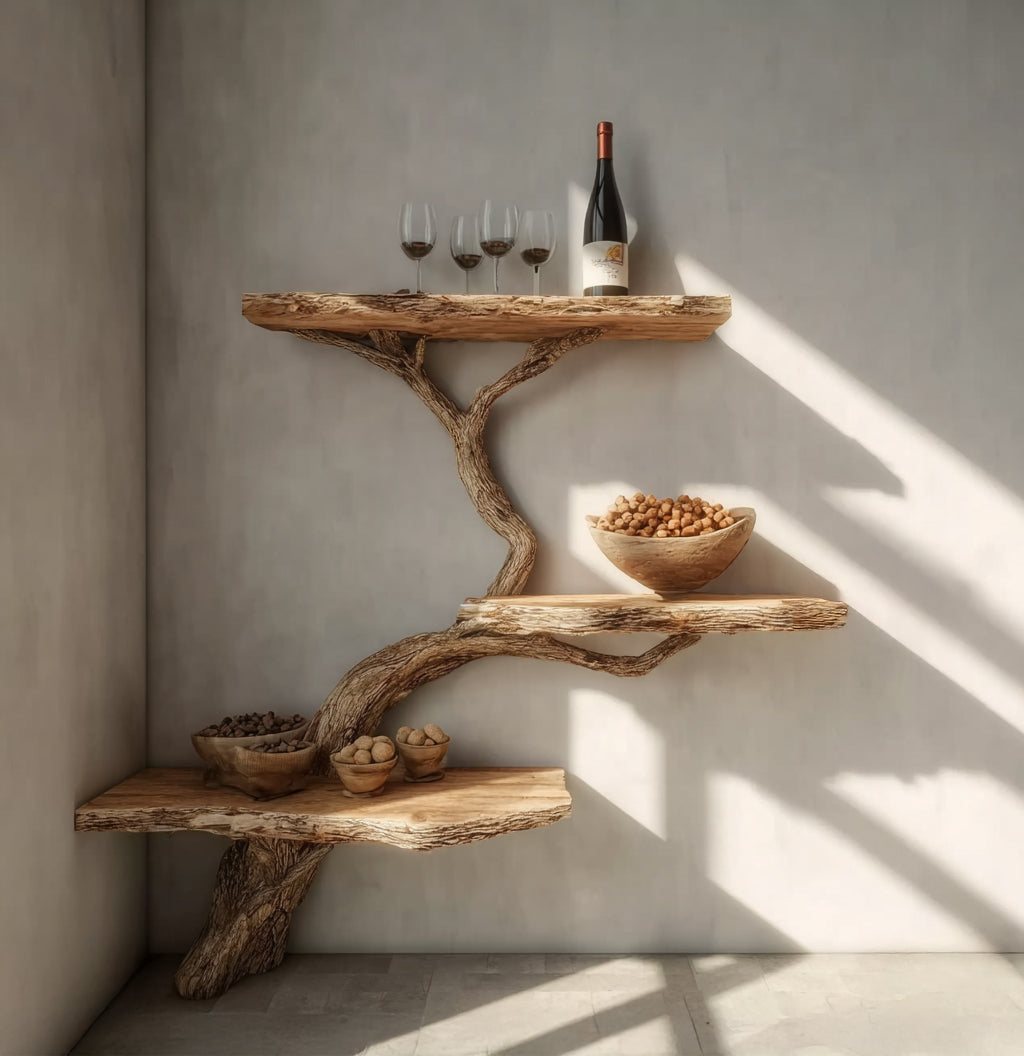 Rustic Driftwood Tree Branch Floating Shelf – Handcrafted Solid Wood Wall Shelf