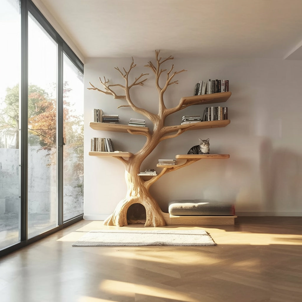 Tree Shaped Wooden Bookshelf with Cat House – Handmade Solid Wood Pet Furniture