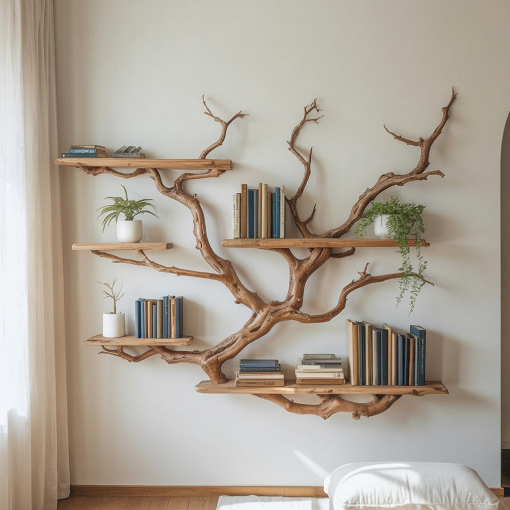 Live Edge Tree Branch Bookshelf – Handmade Wooden Wall Shelf for Rustic Home Decor