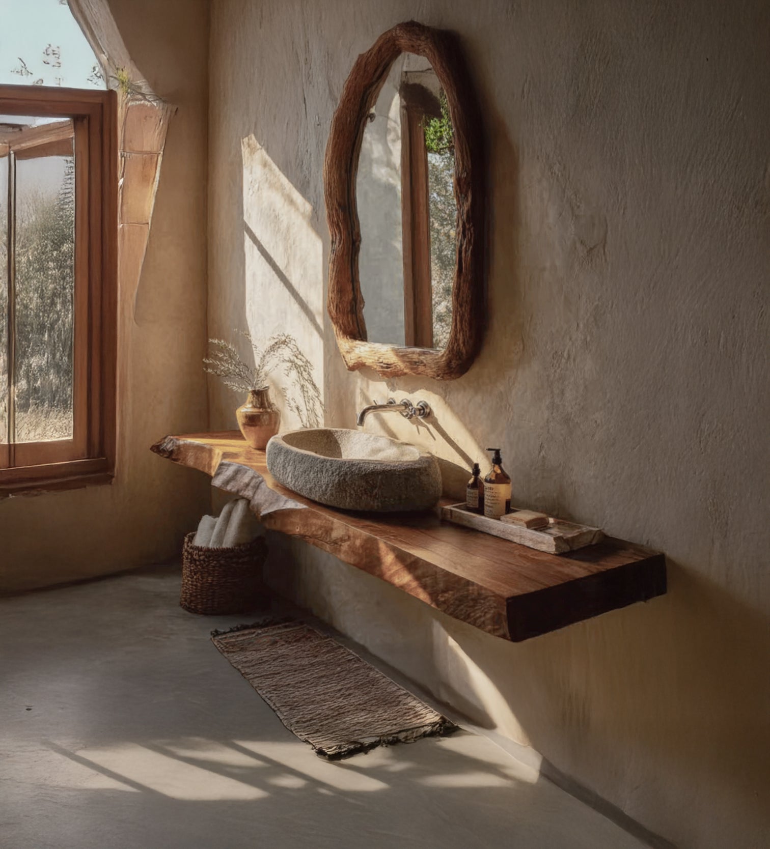 Rustic Solid Wood Live Edge Bathroom Vanity Countertop – Floating Washstand Shelf