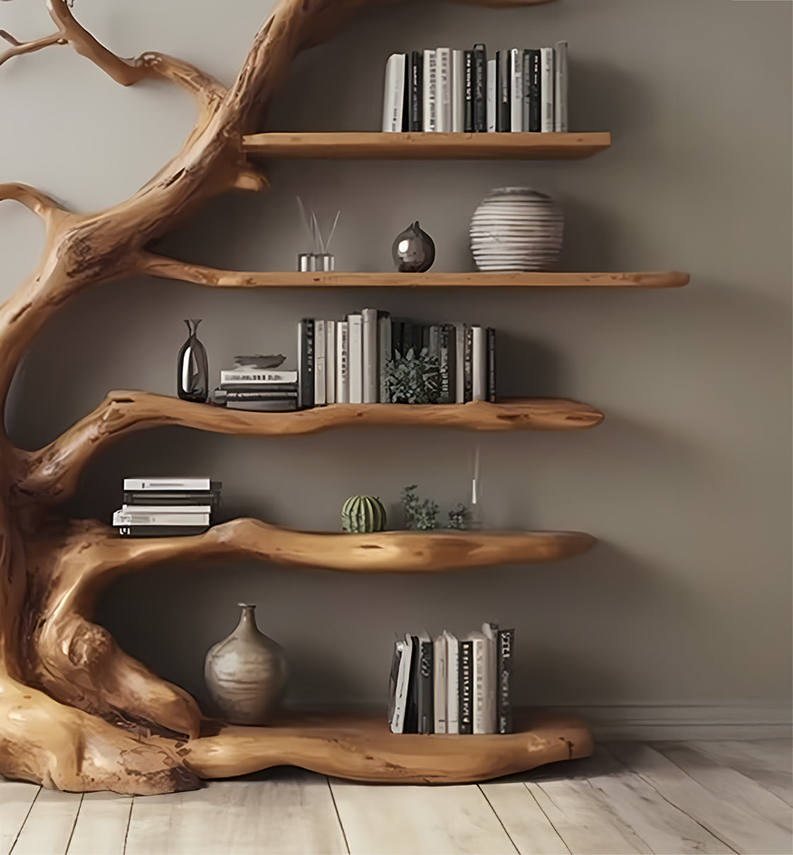 Driftwood Tree Branch Bookshelf – Wooden Wall Mount Shelf Home Decor
