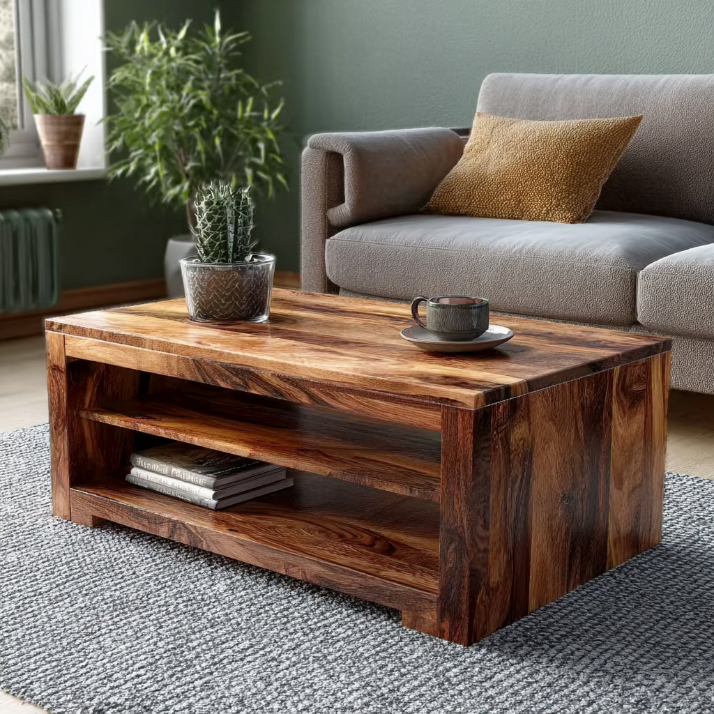 Handcrafted Solid Wood Coffee Table with Open Storage, Modern Rustic Living Room Table
