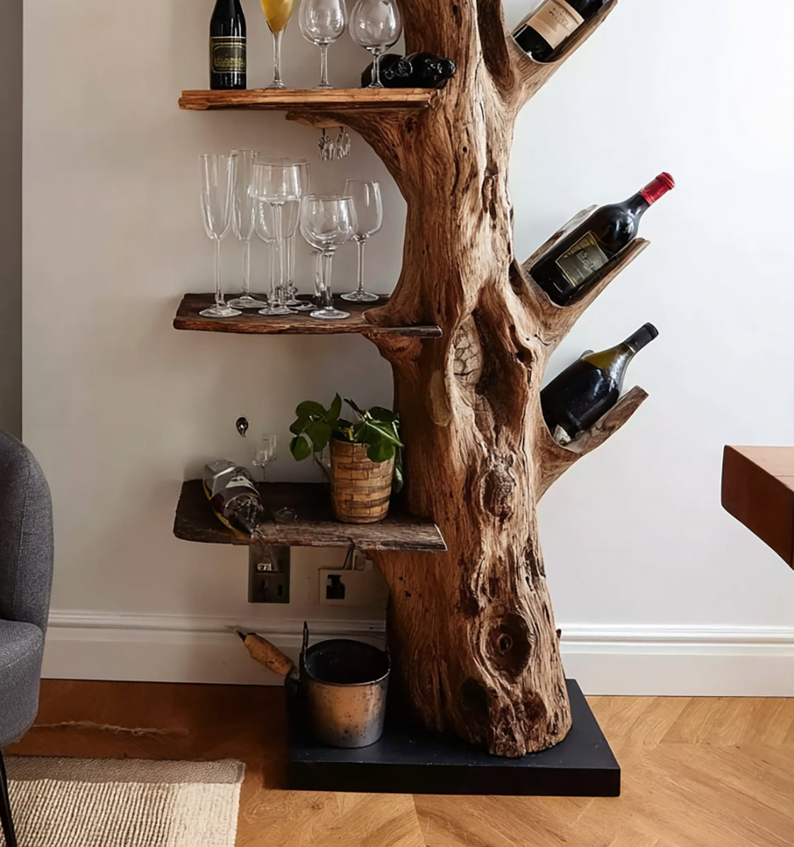 Tree Trunk Wine Rack – Handmade Solid Wood Wine Shelf with Glass Holder for Rustic Home Decor