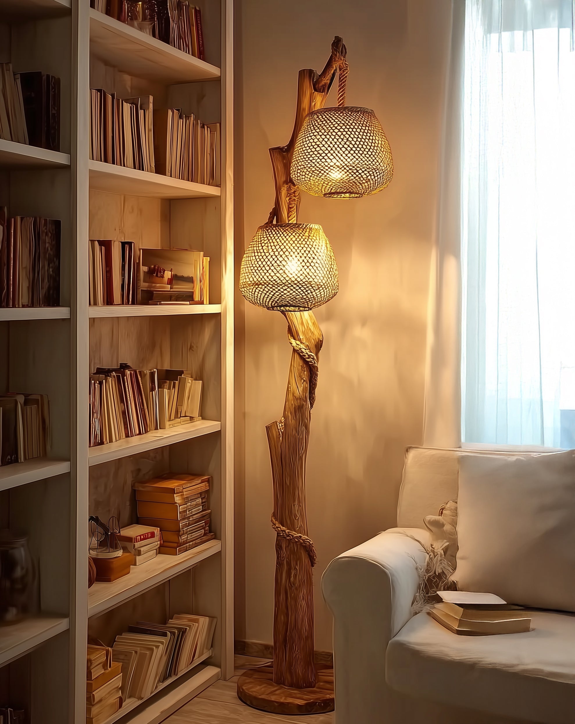 Tree Floor Lamp – Handmade Natural Wood Corner Lamp for Rustic Living Room Décor