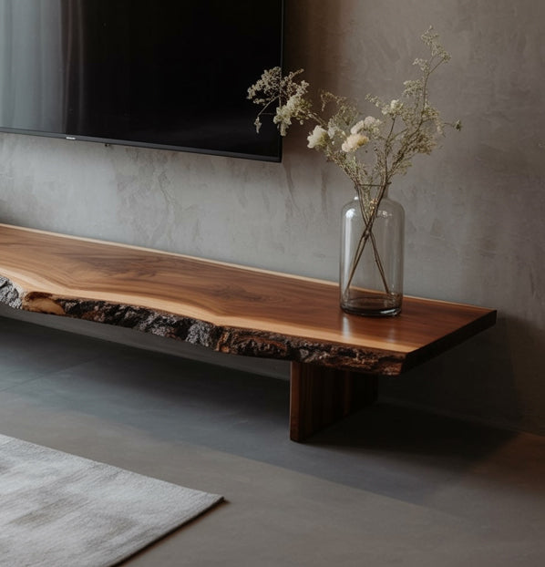 Rustic Live Edge TV Stand – Solid Walnut Floating Console, Handmade Wood Media Cabinet