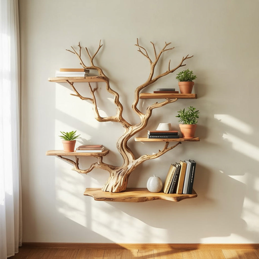 Floating Tree Branch Bookshelf – Solid Wood Driftwood Wall Art