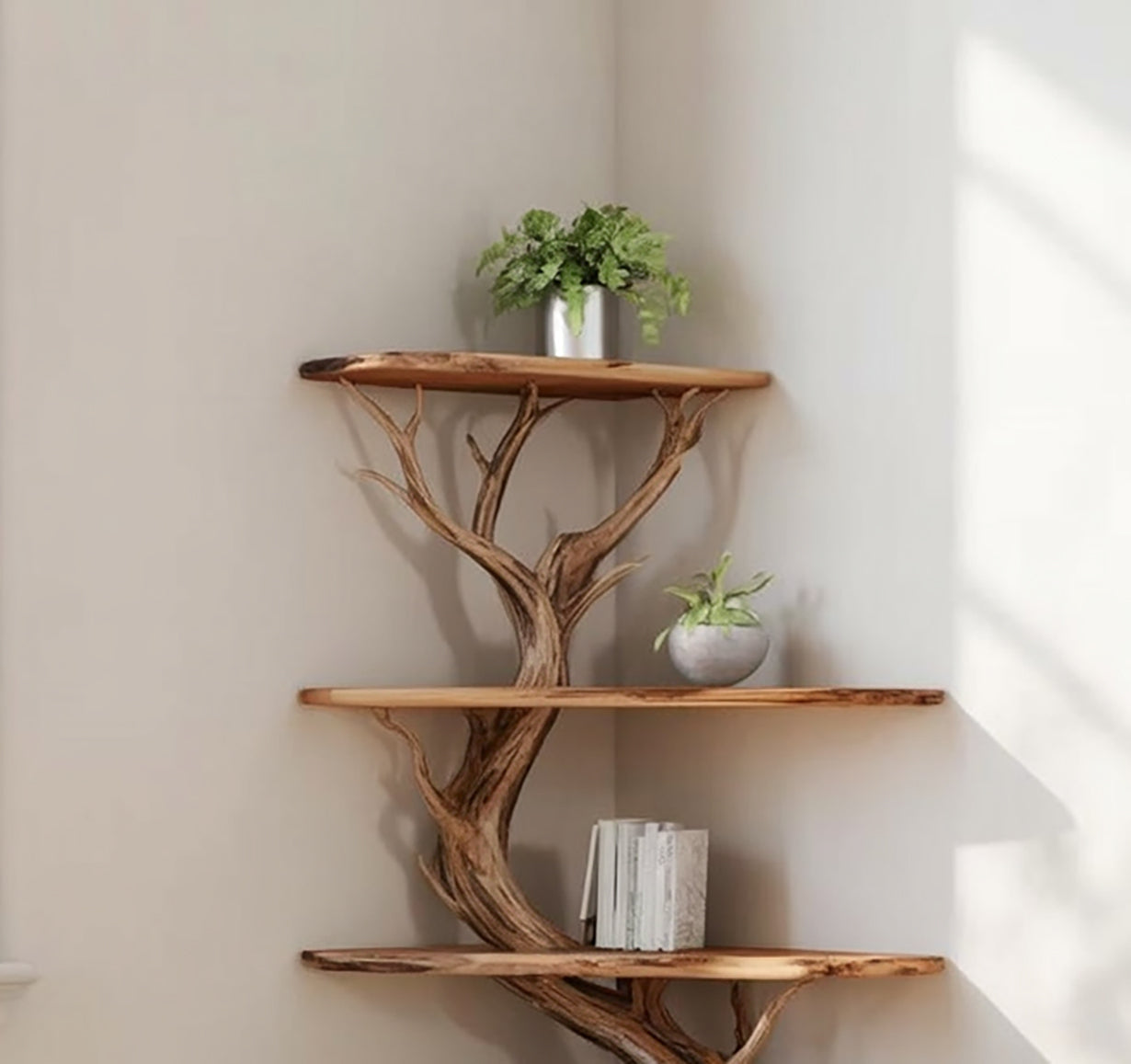 Tree Bookshelf Corner Wall Shelves – Solid Wood Driftwood Branch Décor