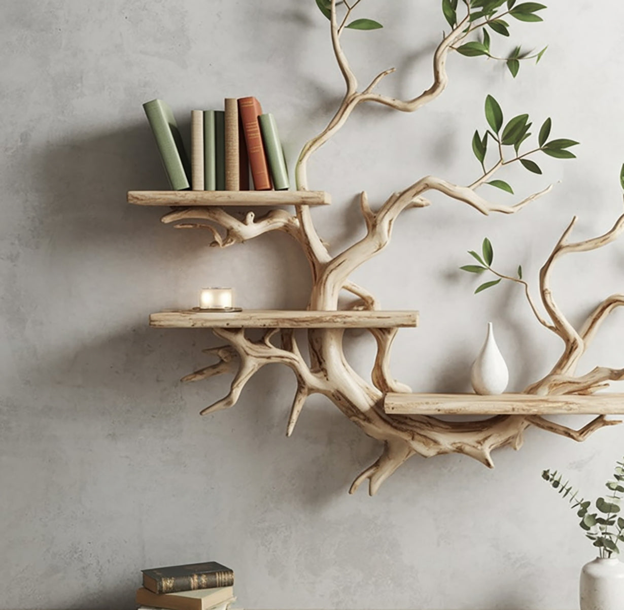 Tree Bookshelf Decor – Solid Wood Carved Floating Wall-Mounted Shelves