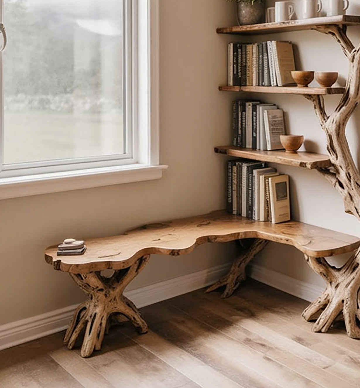 Driftwood Corner Bookshelf: Solid Wood Tree Branch Carving