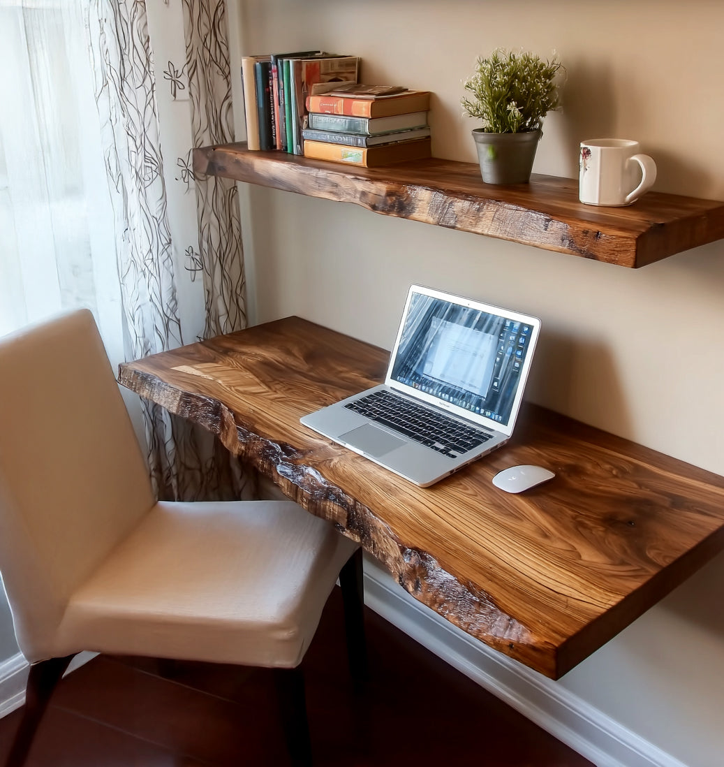 Handmade Floating Desk – Rustic Live Edge Shelf, Farmhouse Wall-Mounted Desk with Brackets