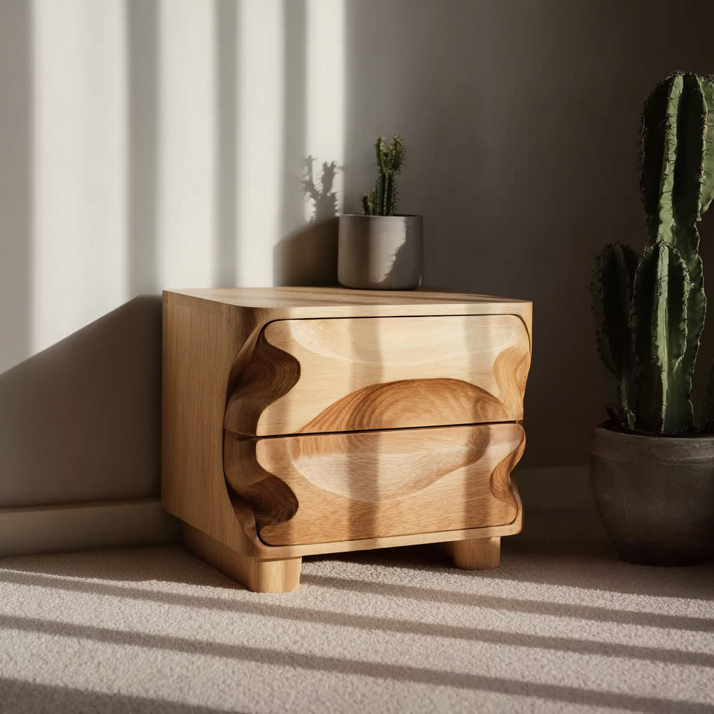 Modern Wavy Nightstand – Solid Wood Bedside Table with Hand-Carved Drawer