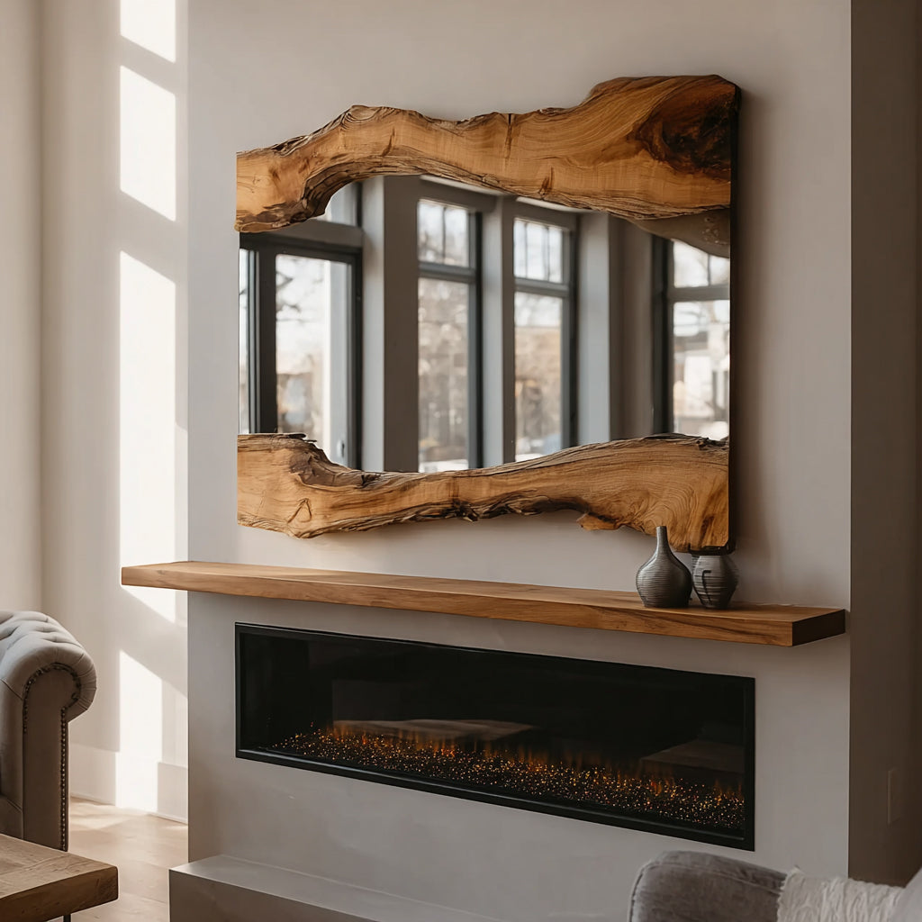 Handmade Olive Wood Wall Mirror – Rustic Live Edge Wooden Mirror with LED & Epoxy Design