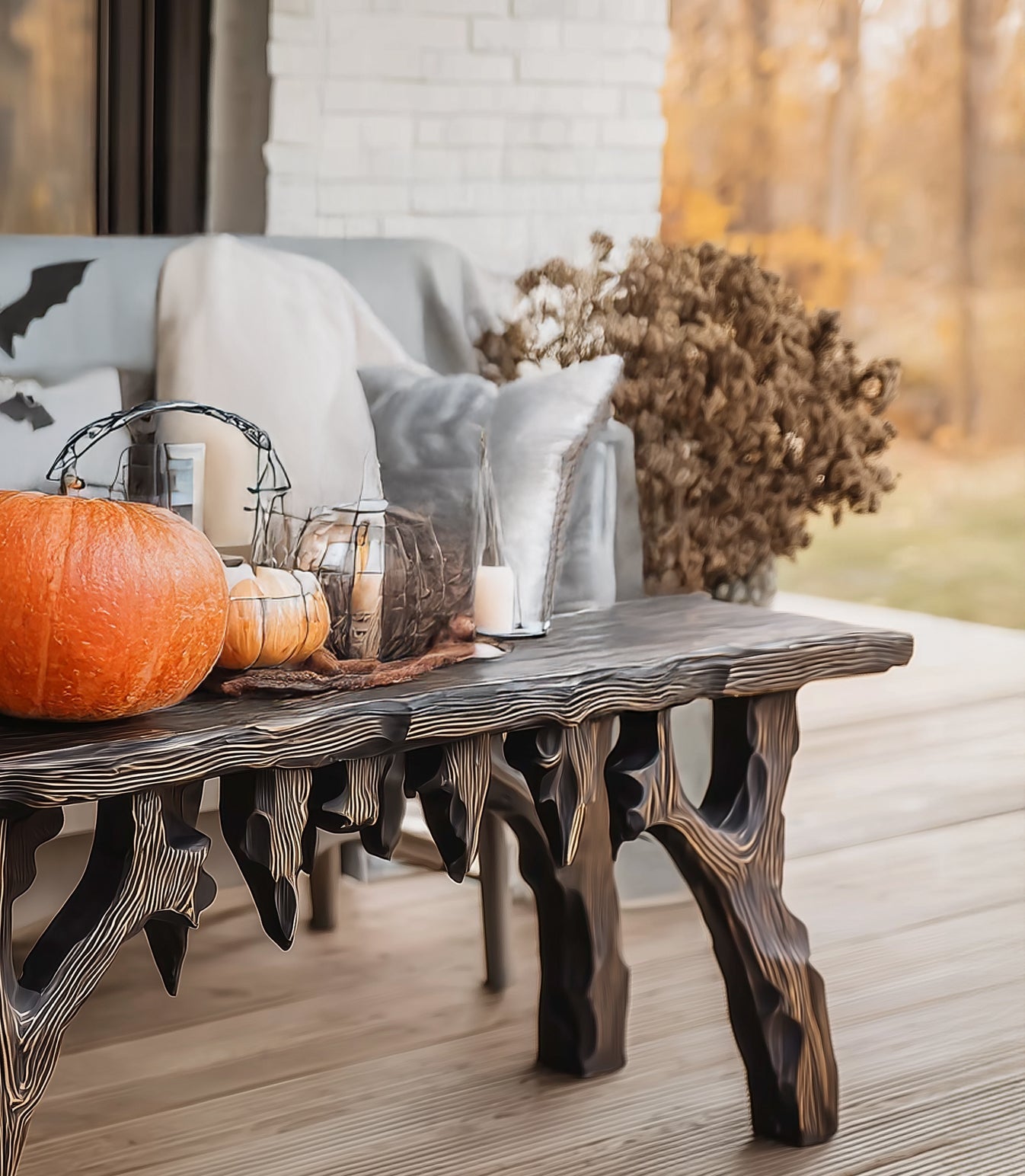 Rustic Black Wooden Halloween Console Table – Dripping Edge Gothic Entryway Decor