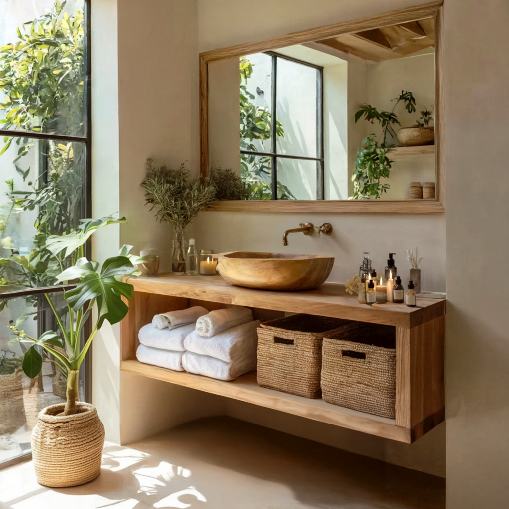 Rustic Floating Bathroom Vanity – Handmade Live Edge Solid Wood Farmhouse Cabinet with Wall Mounted Brackets