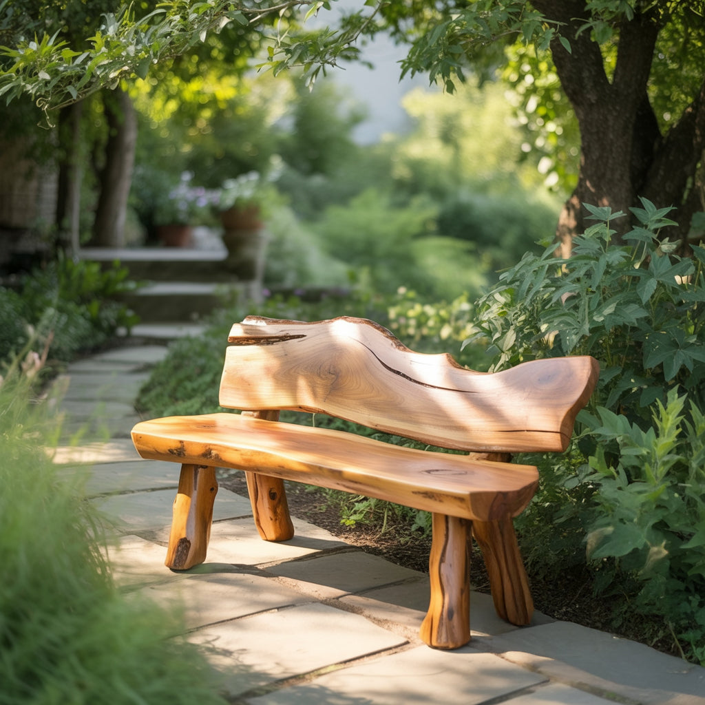 Live Edge Outdoor Wooden Bench with Backrest – Handcrafted Rustic Patio Seating
