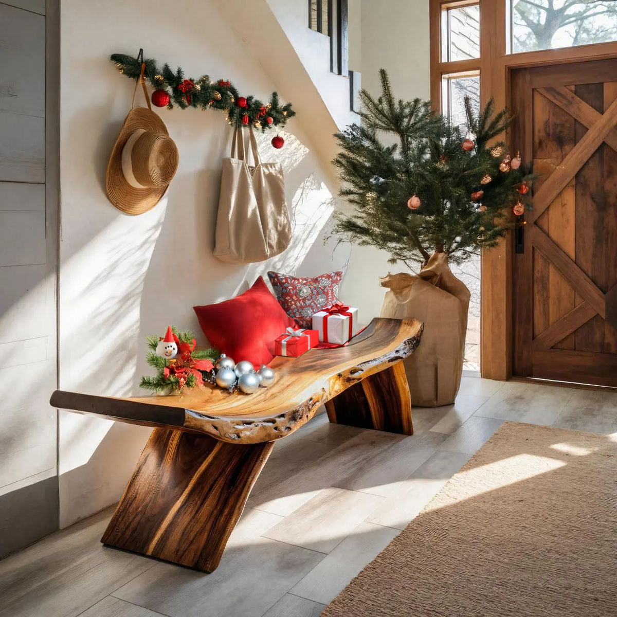 Handmade Live Edge Wooden Bench – Rustic Solid Wood Entryway or Hallway Seating