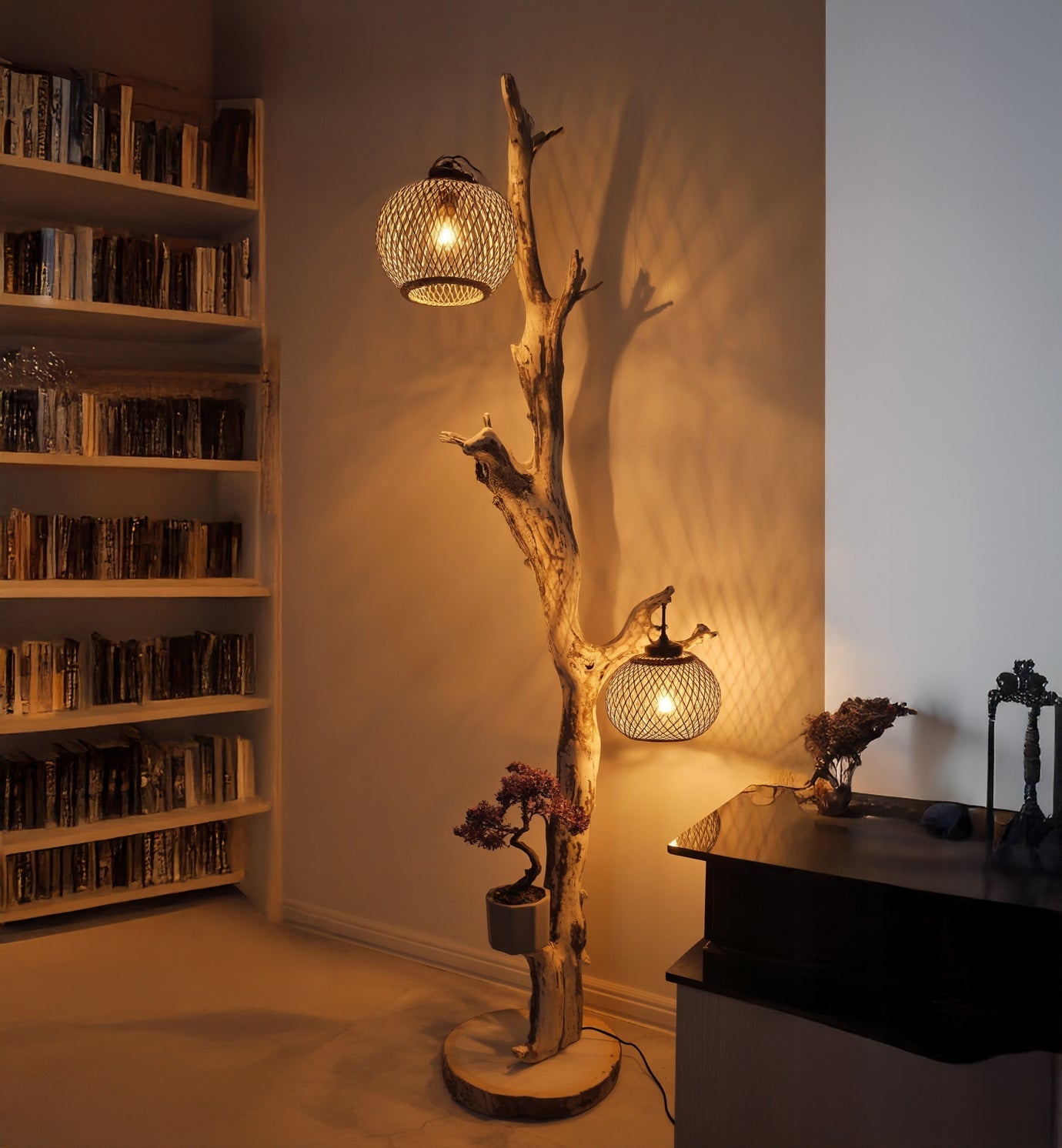 Rustic Driftwood Floor Lamp – Tree Branch Standing Light with Rattan Lampshade, Natural Wooden Lighting