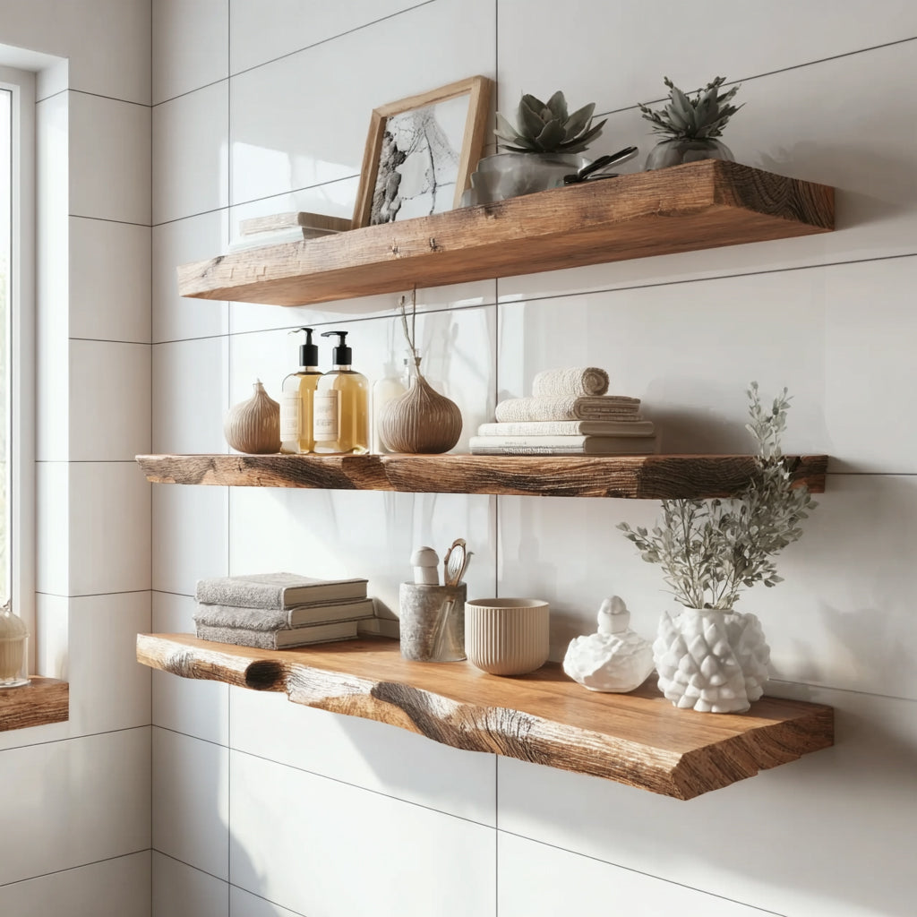Live Edge Floating Shelves – Solid Wood Bathroom or Kitchen Wall Shelf Decor