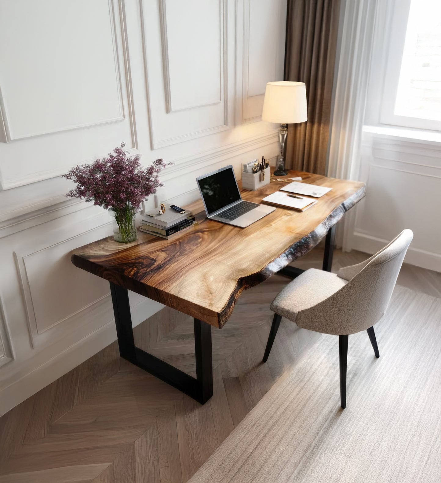 Live Edge Desk – Solid Walnut Wood Office Desk with Storage, Modern Computer Desk