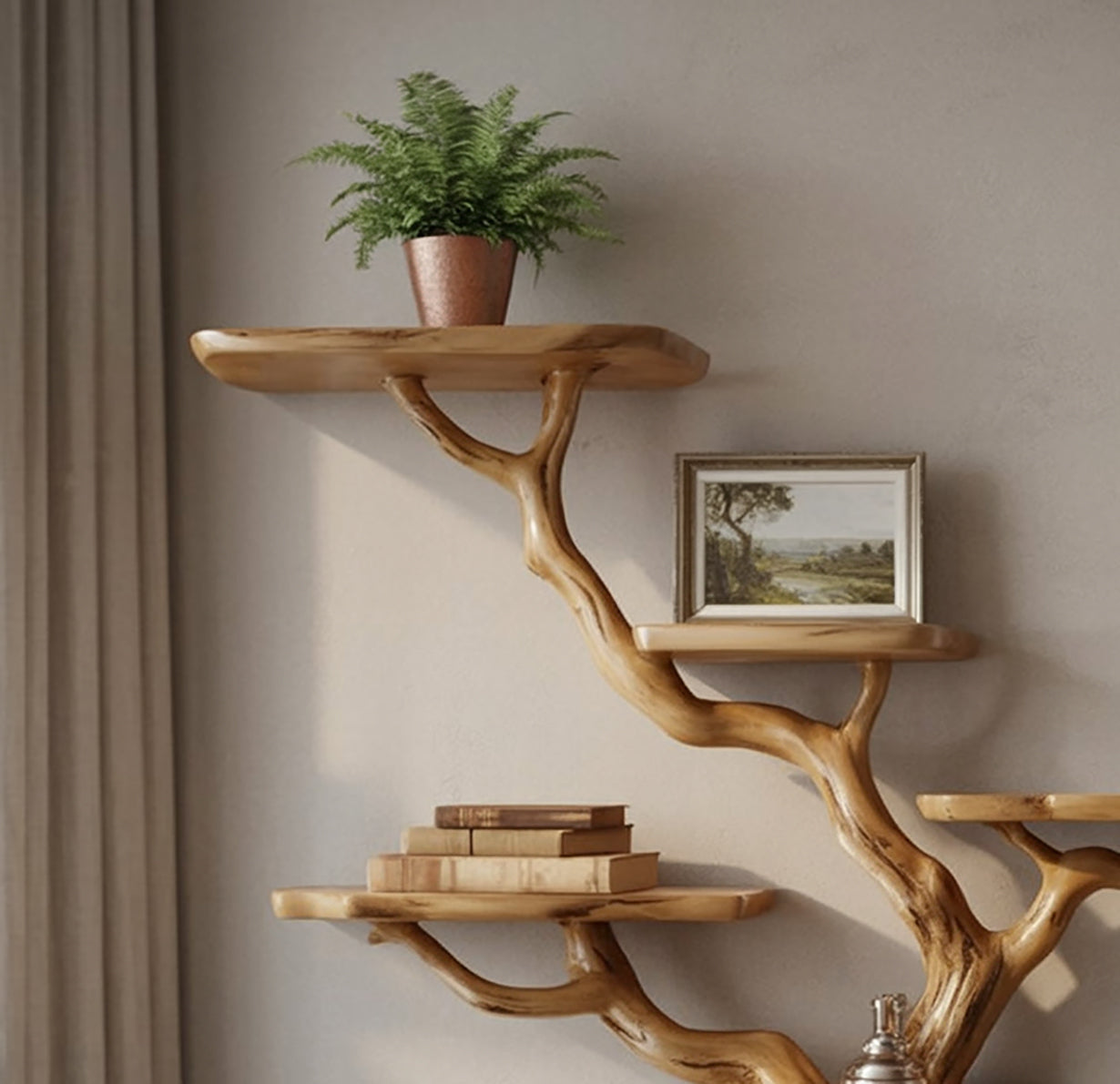 Tree Branch Floating Bookshelf – Solid Wood Driftwood Wall Decor