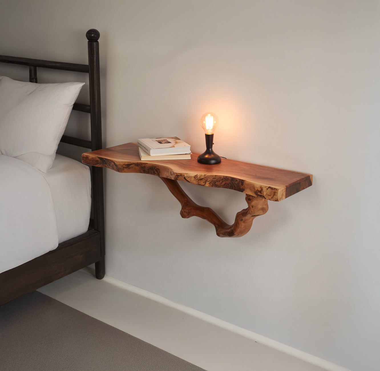 Floating Driftwood Shelf – Natural Solid Wood Bedside Bookshelf