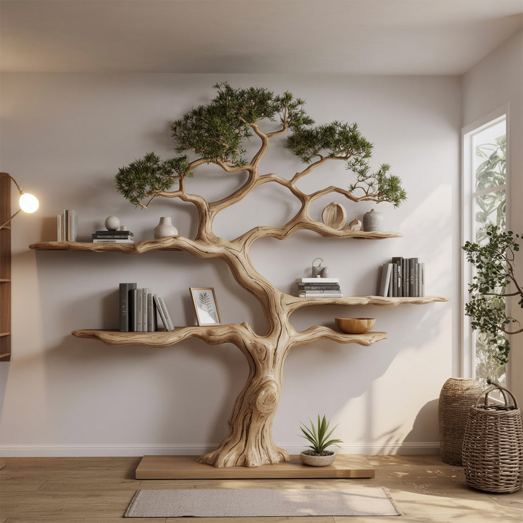 Tree-shaped wooden bookshelf with books, decorative vases, and plants in bright modern room