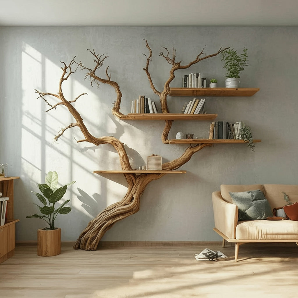 Tree Shaped Wooden Bookshelf – Sculptural Branch Bookcase & Rustic Home Décor