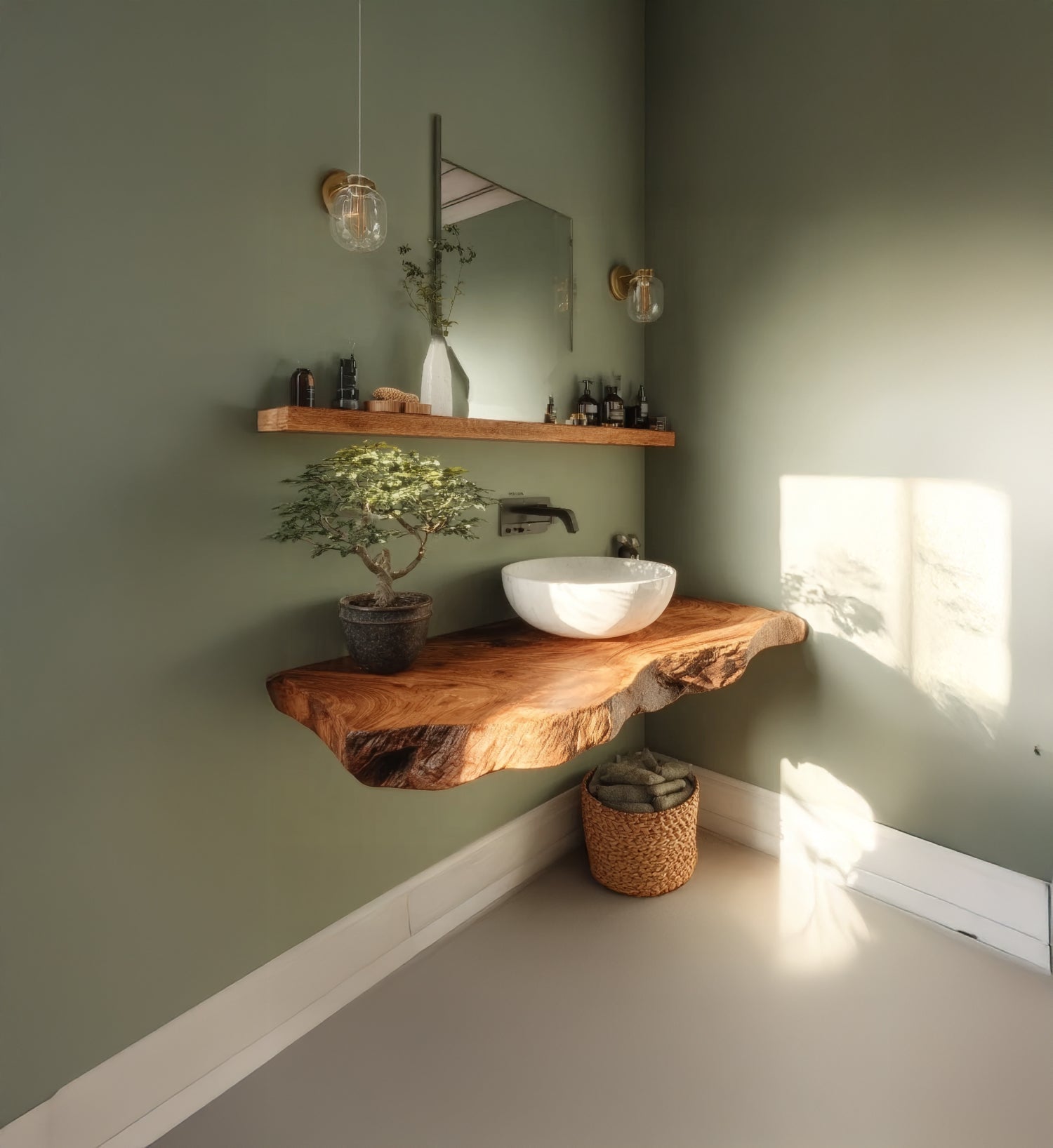 Rustic Solid Wood Live Edge Bathroom Vanity Countertop – Floating Washstand Shelf