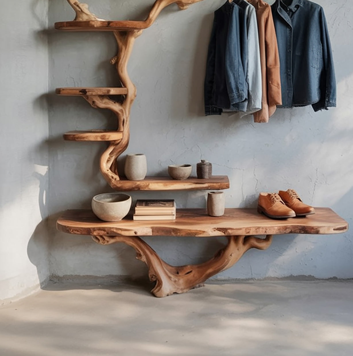 Tree Branch Coat Rack Driftwood Coat Hook Wall Mount Shoe Bench Solid Wood Storage Hanging
