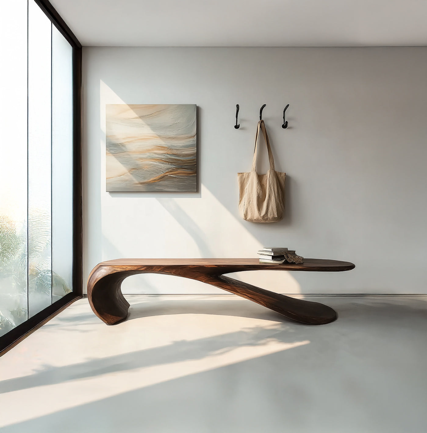 Handcrafted Sculptural Wood Bench – Modern Organic Curved Entryway Bench