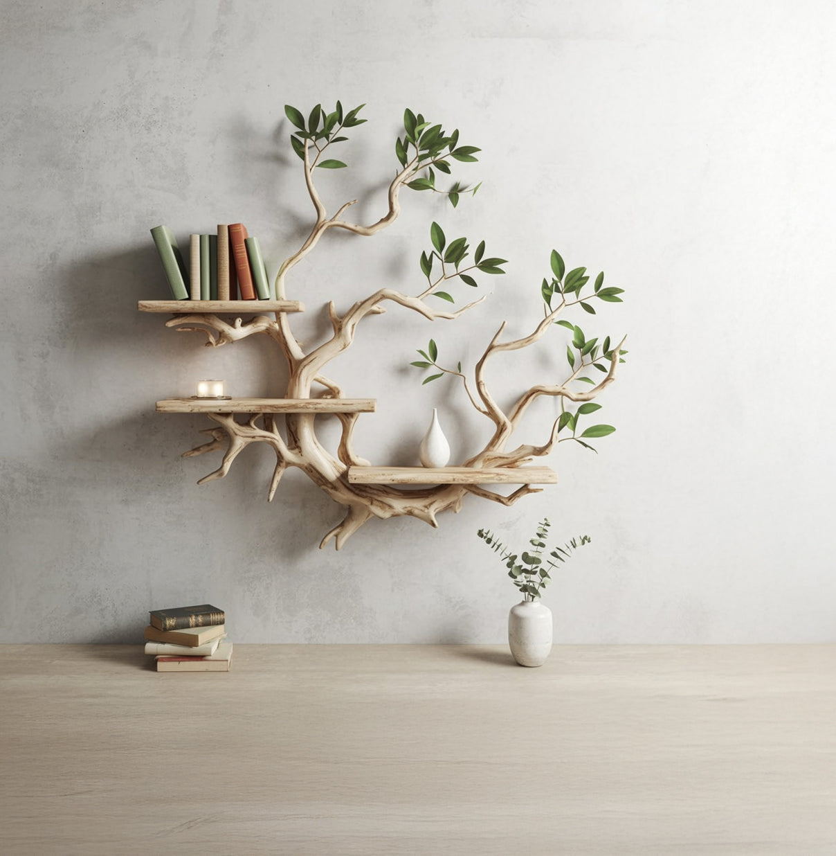 Tree Bookshelf Decor – Solid Wood Carved Floating Wall-Mounted Shelves