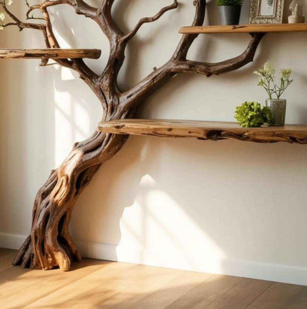 Handcrafted Tree Branch Bookshelf - Natural Wood Floating Shelves - Artistic Wall Decor