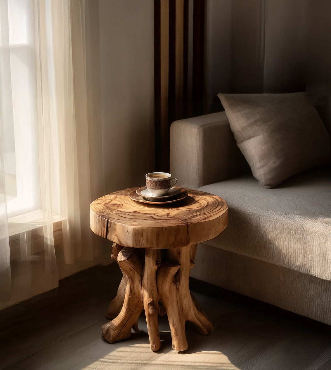 Handmade Solid Wood Side Table with Tree Trunk Base – Rustic Round End with Two Shelves