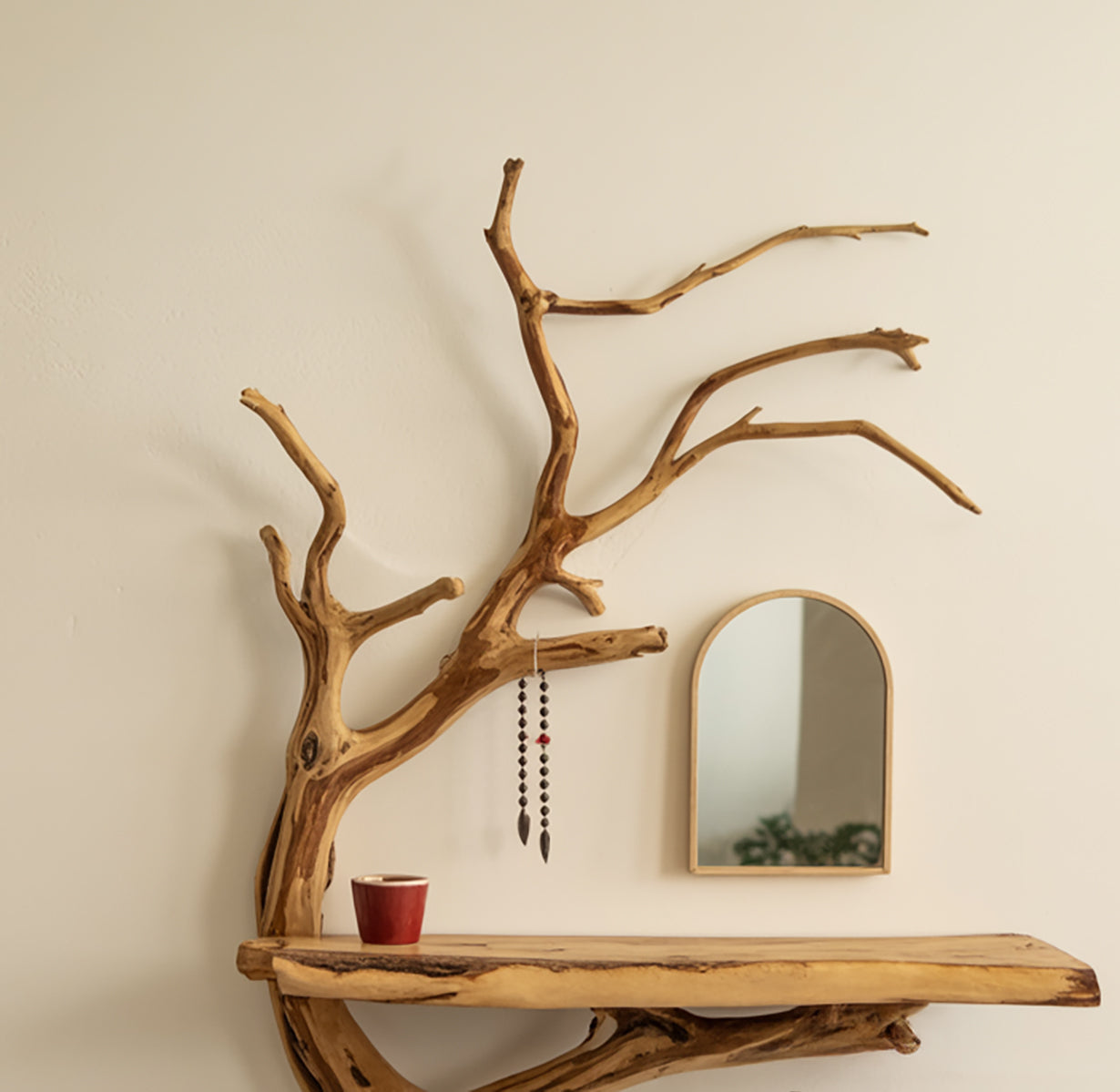 Driftwood Tree Jewelry Shelf – Handmade Floating Wood Organizer
