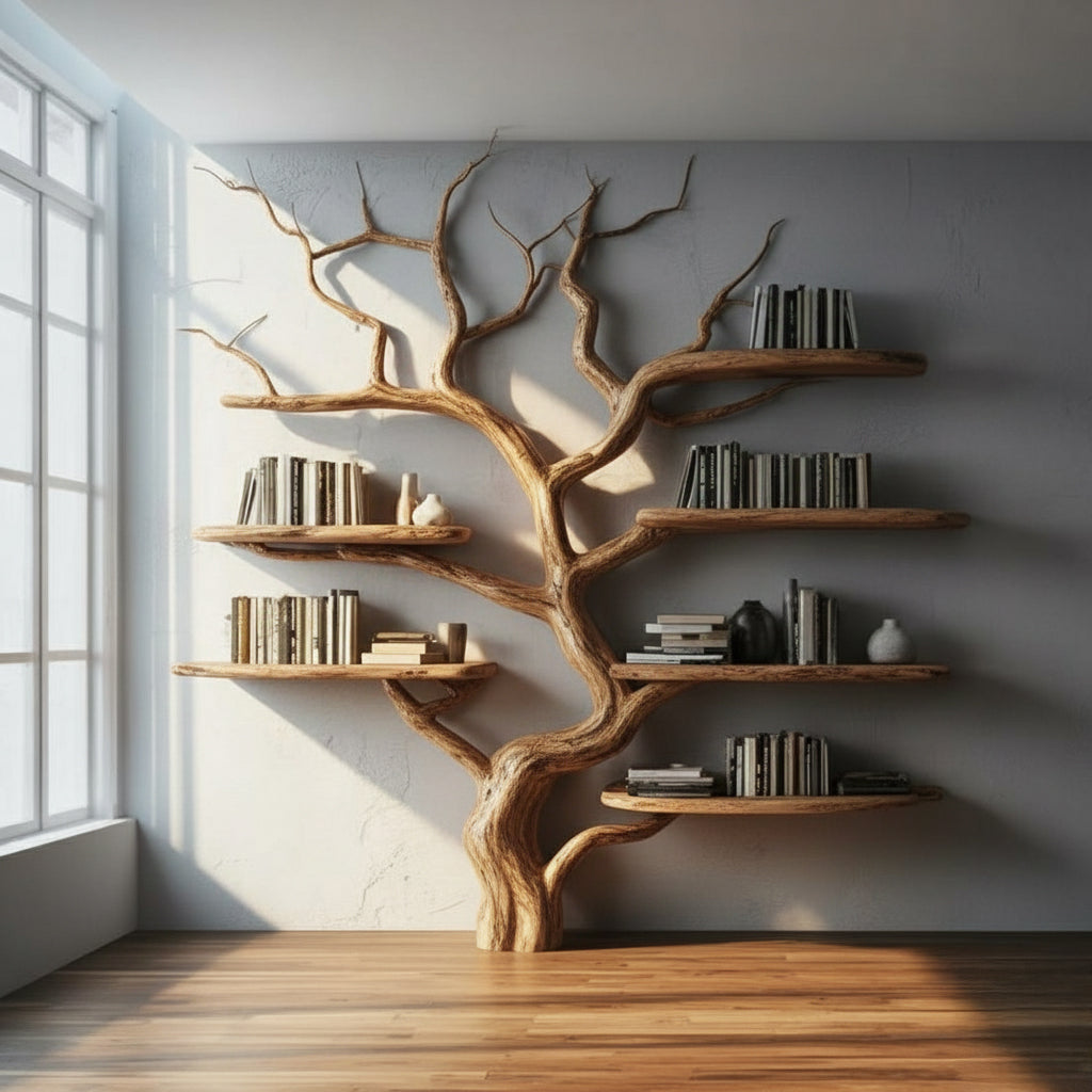 Wooden tree-shaped bookshelf with books and decorative objects in bright minimalist room