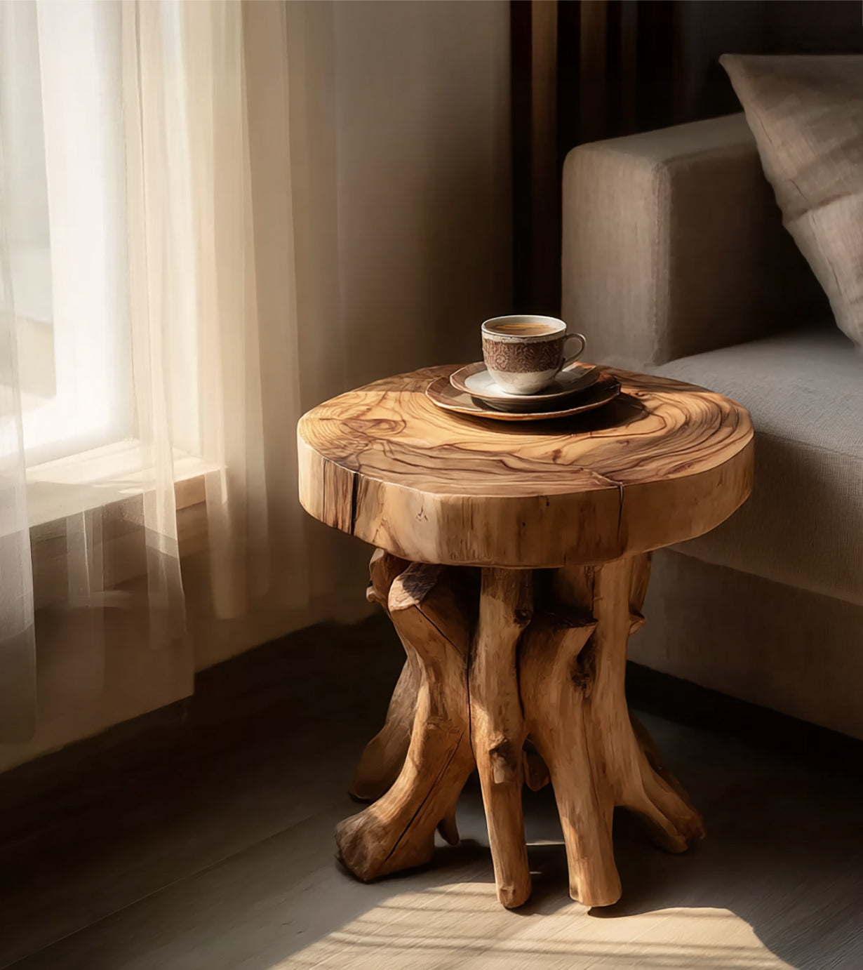 Handmade Solid Wood Side Table with Tree Trunk Base – Rustic Round End with Two Shelves