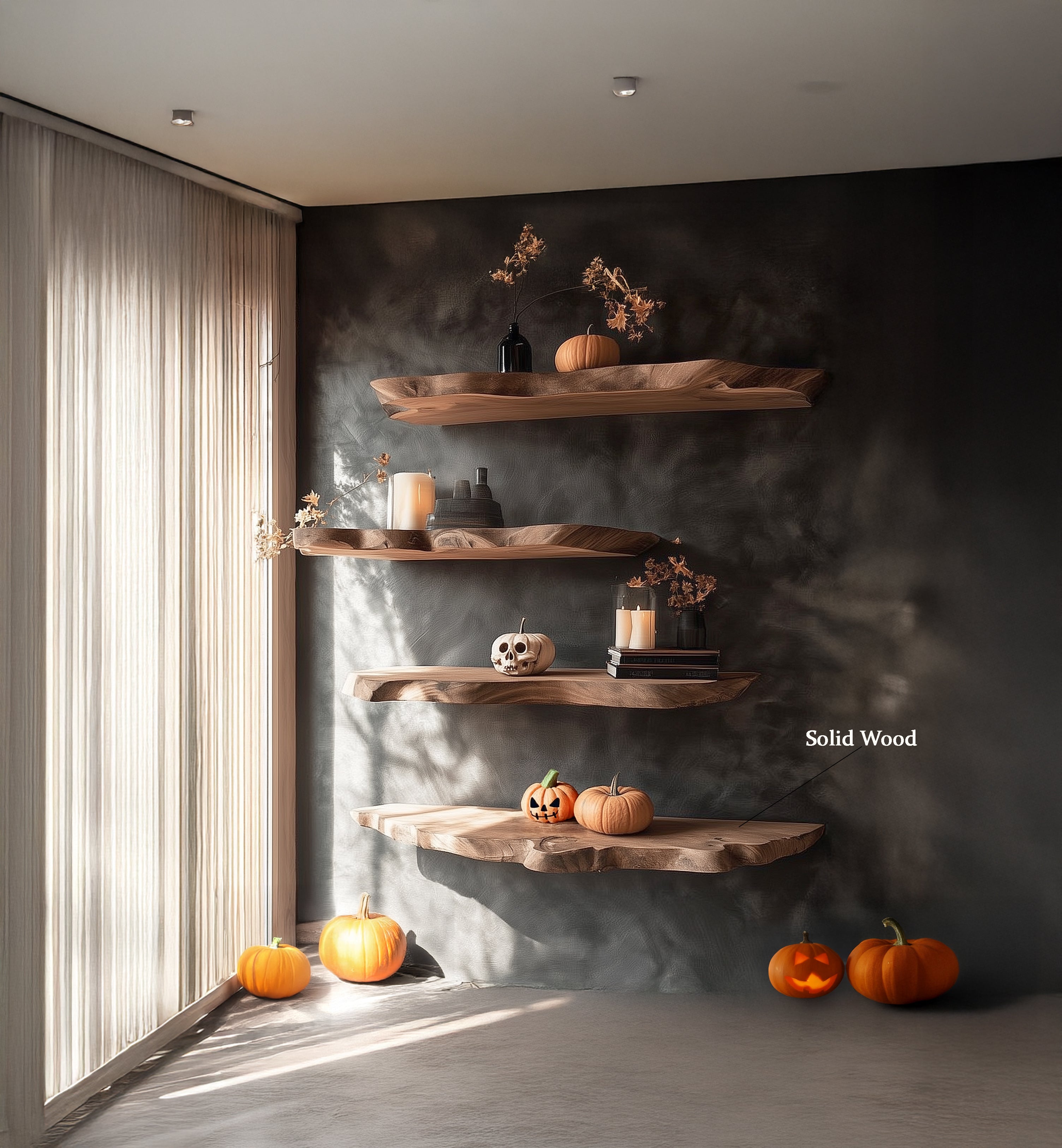 Live Edge Floating Shelves – Solid Wood Wall Shelf for Rustic Kitchen or Home Bar Decor