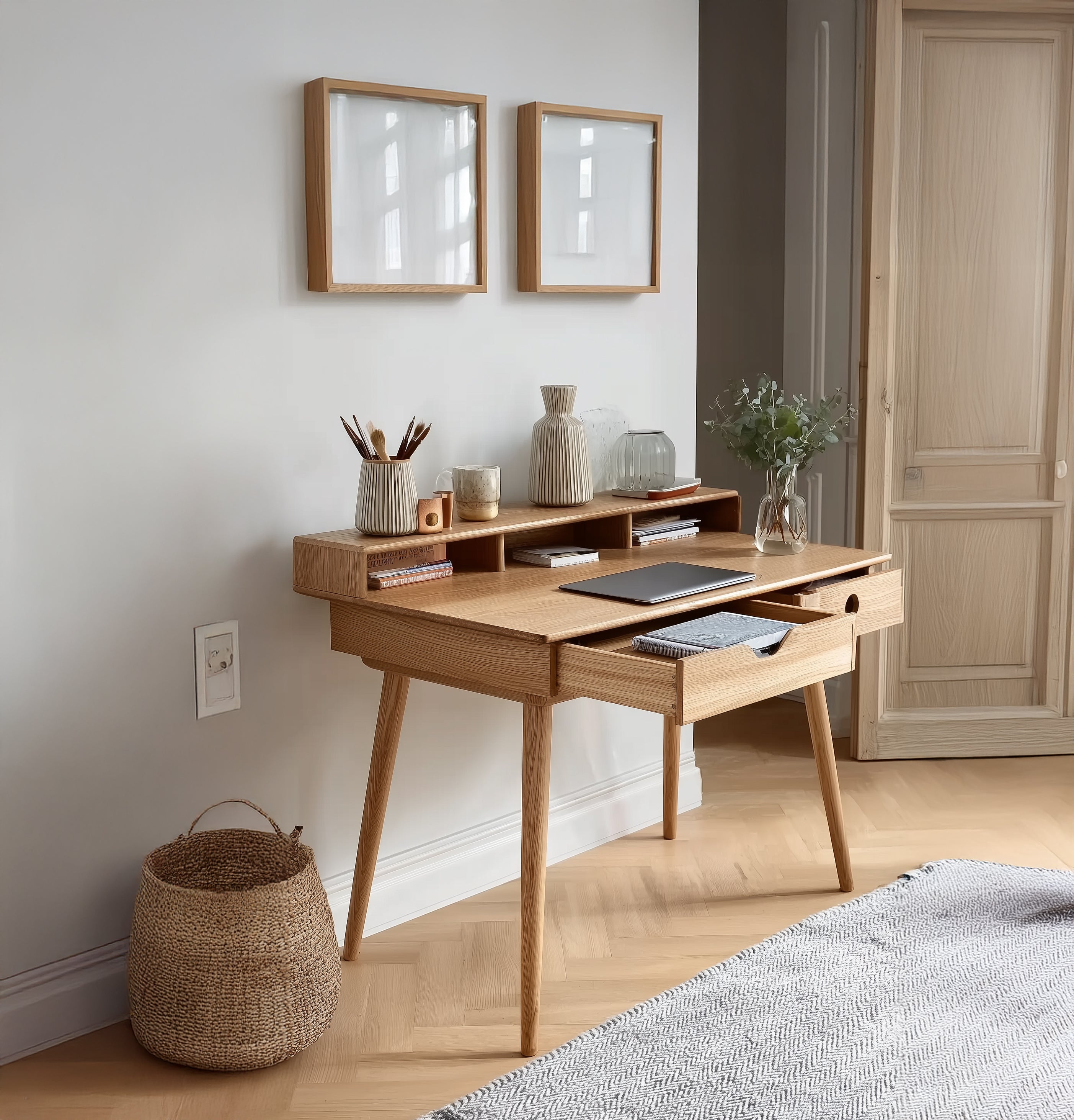 Mid-Century Desk with 2 Storage Drawers – Modern Writing & Study Desk with Rubber Wood Legs