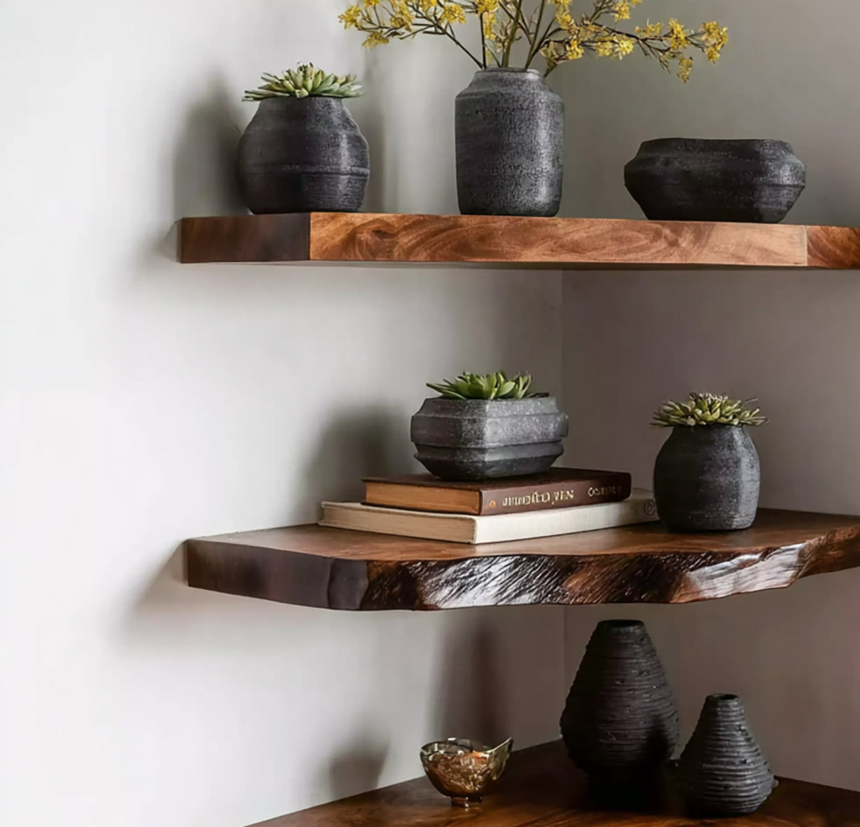 Solid Wood Corner Floating Shelf – Rustic Live Edge Wall Decor