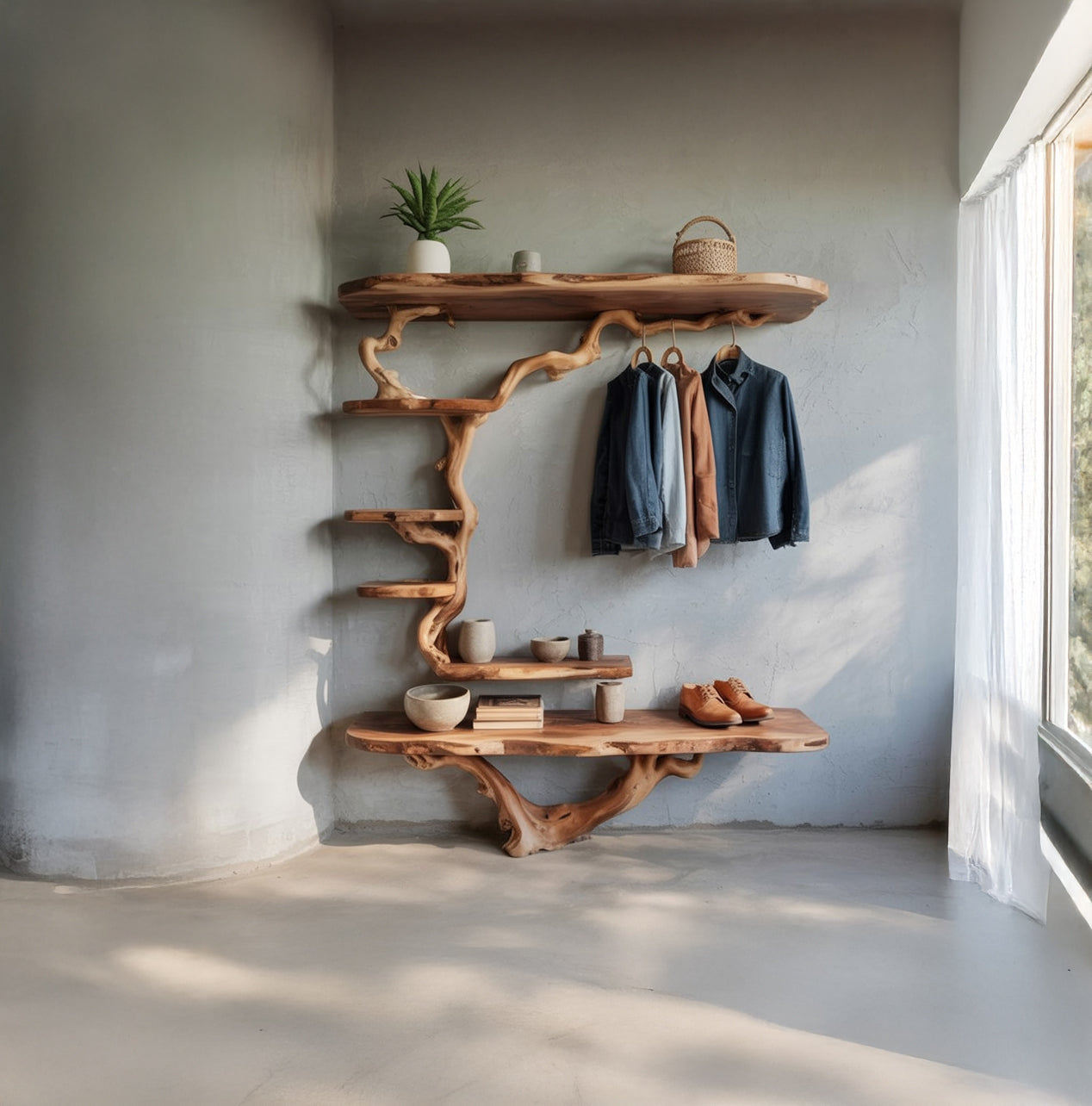 Tree Branch Coat Rack Driftwood Coat Hook Wall Mount Shoe Bench Solid Wood Storage Hanging