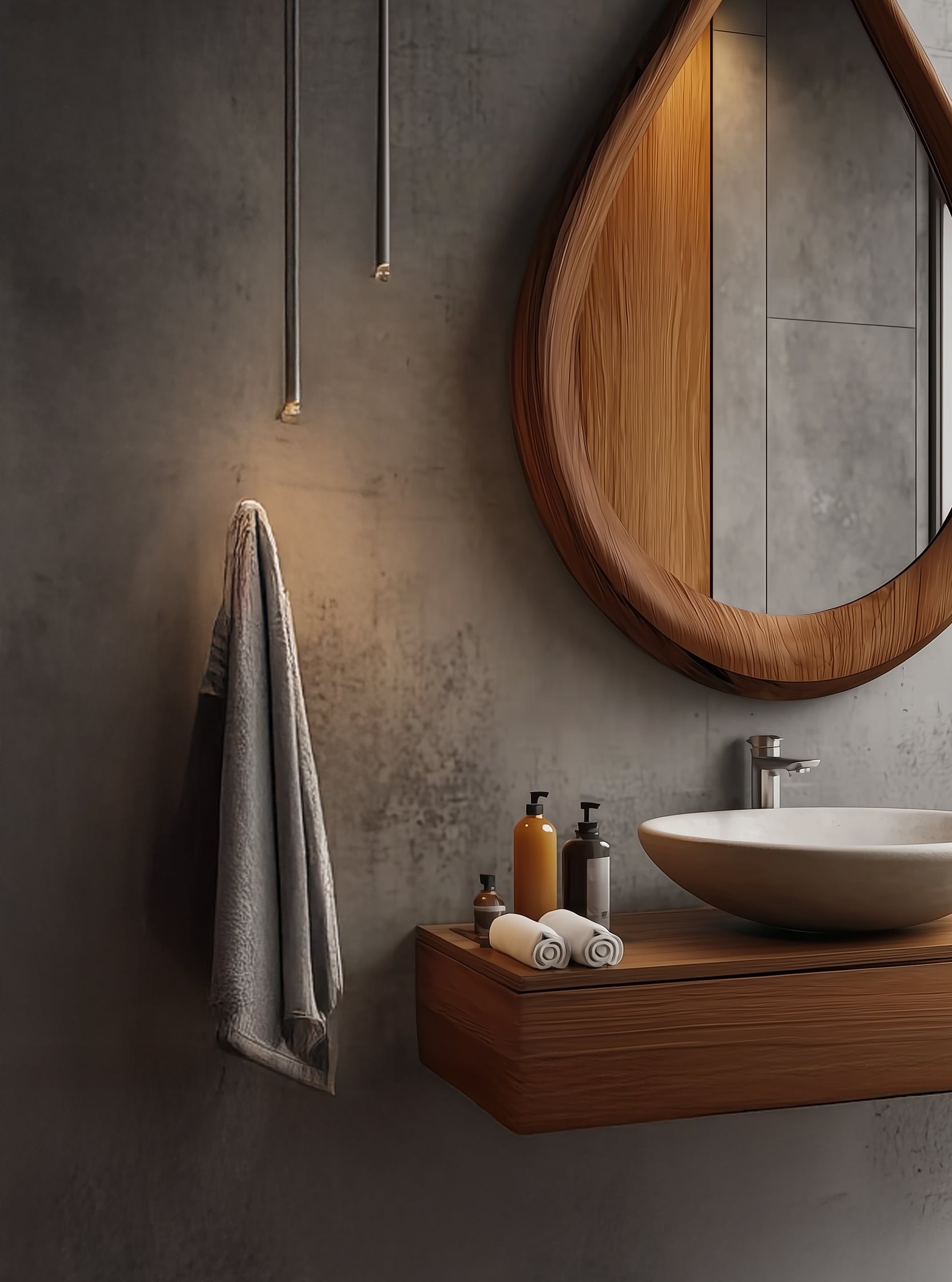 Teardrop Wooden Wall Mirror – Handcrafted Asymmetrical Solid Wood Frame, Modern Organic Boho Bathroom Decor